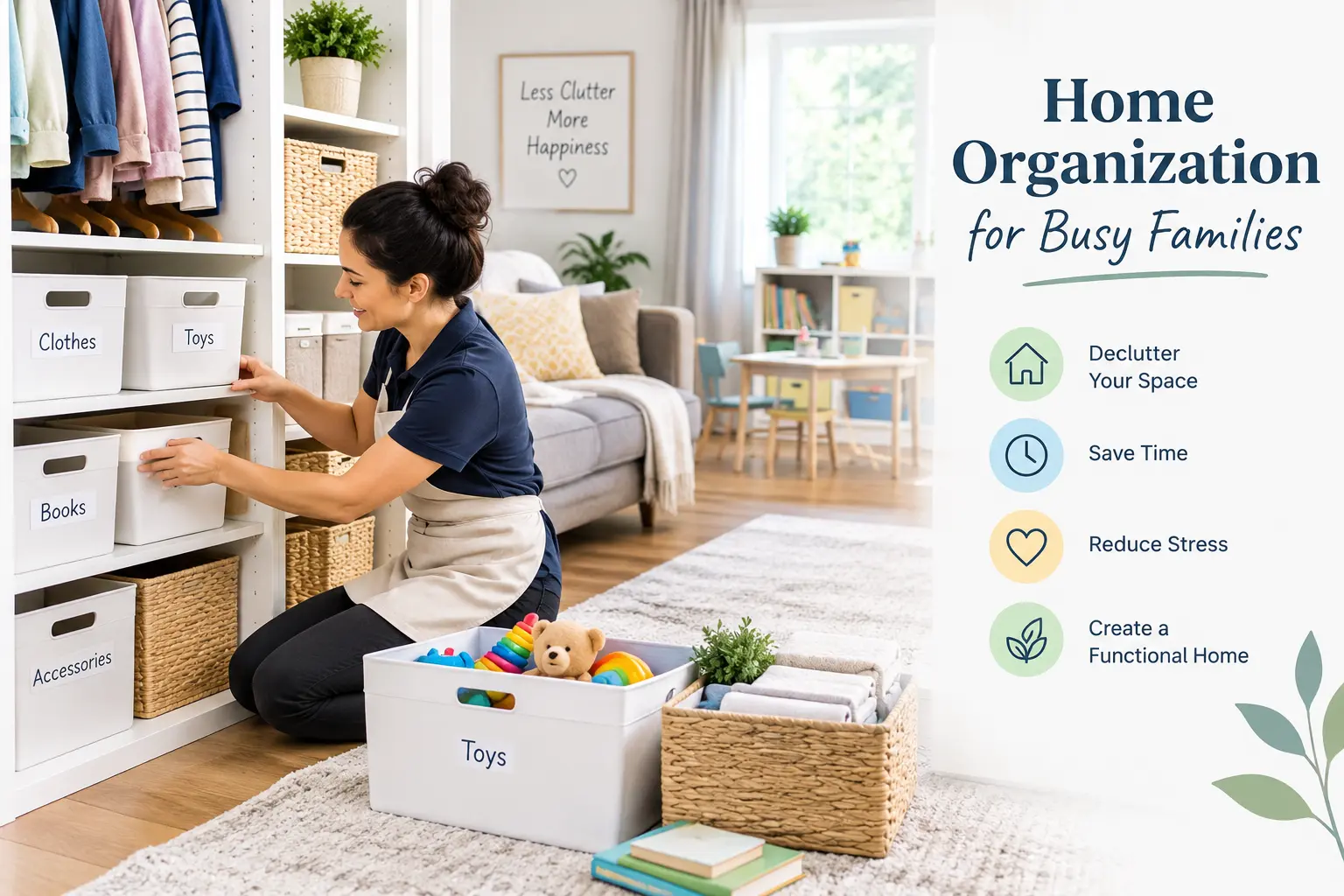 Home organization for busy families with labeled storage bins and organized shelves.